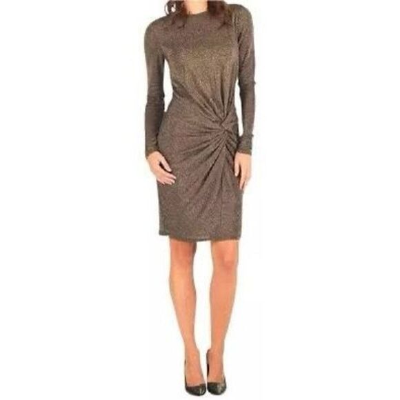 Ted Baker Women’s Size 2 Gold Knot Front Lurex Dress Long Sleeve Knee Length - Picture 1 of 13